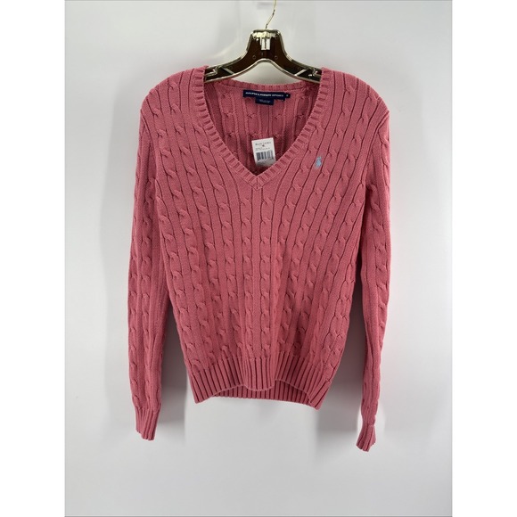 RALPH LAUREN Sport Women's Summer PINK CABLE KNIT V NECK SWEATER NWT Medium - Picture 7 of 8